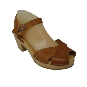 Swedish Hasbeens Mirja Brown Leather Peep Toe Slingback Wood Heeled Sandals